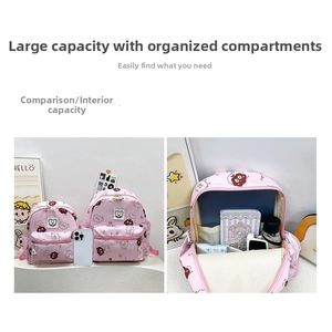 Dettaglio dello zaino rosa con orsetto con scomparti interni e confronto taglie