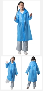 Detail of blue semi-transparent waterproof EVA children's hooded raincoat with snaps