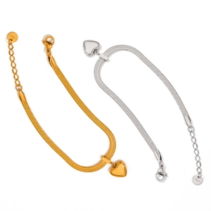 Classic stainless steel flat snake chain bracelets in gold and silver with heart charm