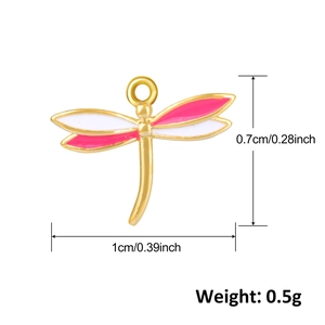 Gold dragonfly pendant with pink wings and precise size measurements for DIY jewelry