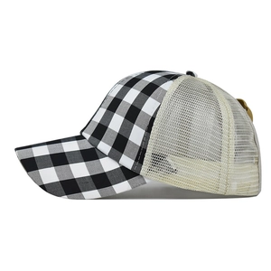 Plaid ponytail baseball cap with breathable beige mesh and adjustable strap back