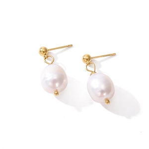 Detail of freshwater pearl earrings with 14K gold plated stainless steel studs
