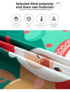 Macro detail of red Christmas tablecloth showing thick polyester fabric and cartoon elk prints