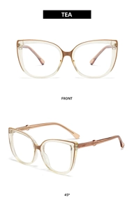 Front and side view of cat-eye glasses frames in champagne tea with metal temples