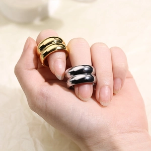 Minimalist thick polished gold and silver stainless steel double ring set for women