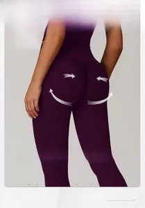 Close-up of high-waisted dark purple yoga pants featuring scrunch butt lifting detail
