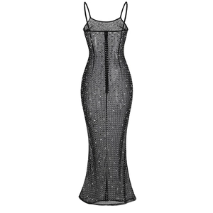 Detail of sheer black mesh dress featuring silver rhinestones and a hidden back zipper