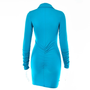 Back view of a bodycon bright blue long-sleeved dress with pleated details and collar