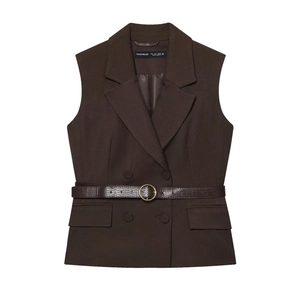 Deep brown double-breasted suit vest with belt and high-waisted straight pants set