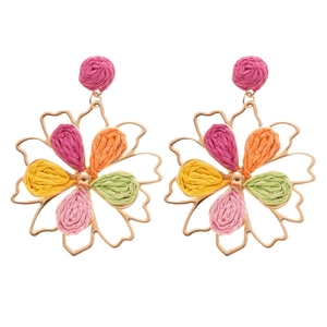 Bohemian floral tassel earrings crafted with colorful raffia and metal hollow frames