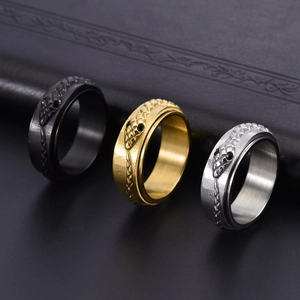 Mens creative rotatable snake ring in black, gold and silver stainless steel finishes