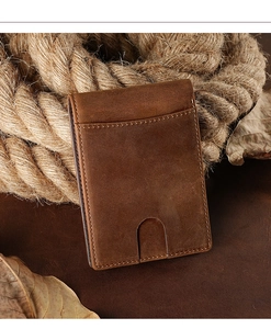 Close-up of brown crazy horse leather wallet with RFID blocking and vintage texture