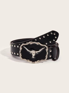 Close-up of black leather belt with silver bull head buckle and round metal studs