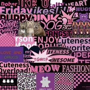 Detailed view of pink and purple aesthetic stickers with cute cats and trendy patterns