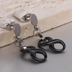 Minimalist 40mm stainless steel earrings with black ceramic infinity symbol pendants