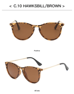 Detailed views of kids oval sunglasses with tortoiseshell frames and gold metal temples