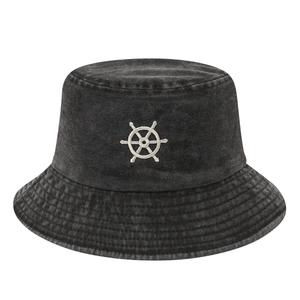 Retro dark grey washed denim bucket hat with white nautical ship wheel embroidery