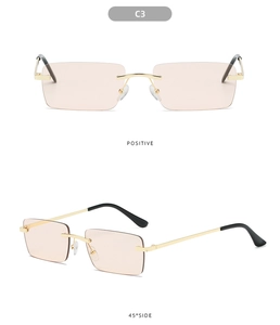 Detail view showing front and 45-degree angle of rimless peach rectangular sunglasses