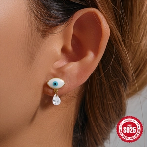 925 sterling silver evil eye stud earrings with blue pupil and clear teardrop zircon