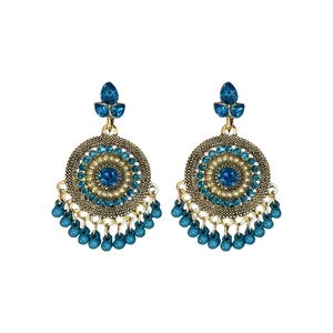 Bohemian gold-tone drop earrings with blue rhinestones and cascading bead tassels