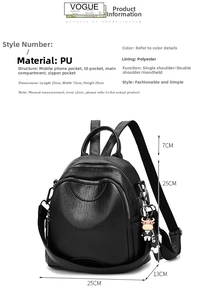 Technical drawing showing black PU leather backpack dimensions 25x13x25cm with inner structure