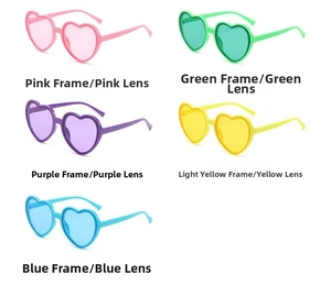 Set of five heart-shaped party sunglasses in pink, green, purple, yellow, and blue