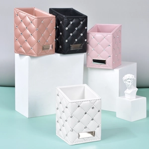 Diamond quilted PU leather makeup brush holders in four colors with crystal accents