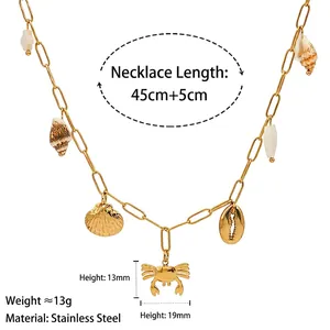 Gold stainless steel ocean necklace with crab shell and conch pendants summer beach style