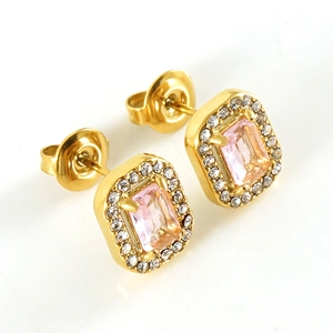 Titanium steel stud earrings with pink rectangular zircon and halo of small crystals