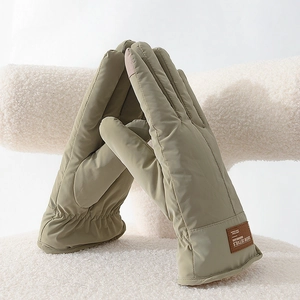 Khaki winter thermal gloves with windproof fabric and elastic cuffs for outdoor riding