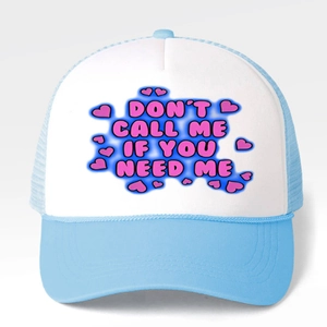 Classic blue and white trucker hat with Don't Call Me slogan and pink heart print