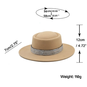Cappello boater in lana cammello con nastro di strass e tesa 7cm con misure
