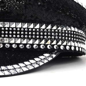 Sparkling black military hat with silver rhinestones and metallic studs decoration