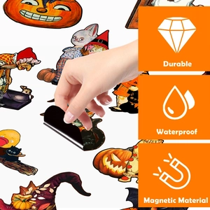 Detail of durable waterproof magnetic Halloween gnome skull stickers on surface