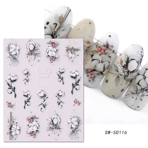 Detailed 5D relief nail stickers featuring white cotton and winter floral patterns