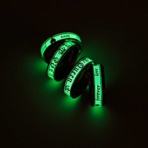 Luminous stainless steel King and Queen couple rings with green glow in the dark effect