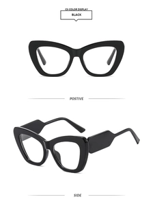 Front and side views of black cat-eye fashion eyewear with wide temples on white background