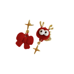 Red dragon year tassel earrings with velvet bows and golden stars on white background