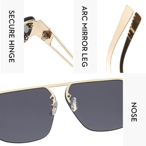 Detail of reinforced metal hinges and ergonomic curved temples on aviator sunglasses