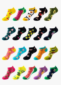 Set of 20 pairs low cut cotton socks with colorful fruit and food cartoon patterns