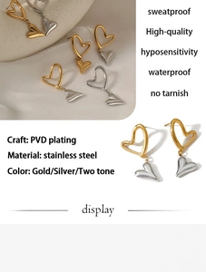 Detail of heart pendant earrings showing waterproof PVD plating on stainless steel