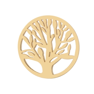 Polished golden hollow Tree of Life pendant necklace in stainless steel on white backdrop