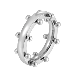 Minimalist silver steel ring with polished metal beads in a rhythmic industrial design