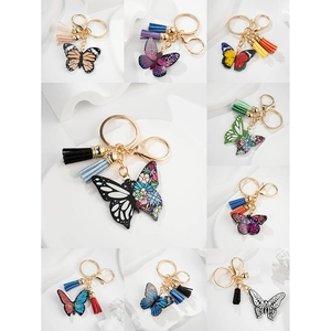 Butterfly Keychain Colorful Acrylic Butterfly Pendant With Double Suede Tassels Metal Key Ring For Women Girls Fashion Bag Charm