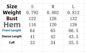 Detailed size chart for heavy knit hooded sweater showing bust and length dimensions