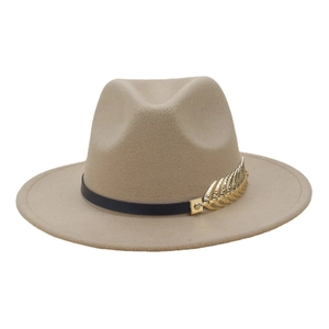 Elegant tan wool felt fedora hat featuring a black leather band and golden leaf accessory