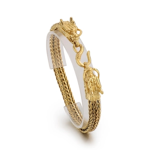 Vintage gold stainless steel dragon head bracelet with woven bone chain and toggle clasp