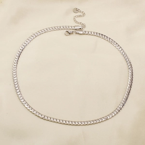 Polished silver stainless steel flat snake bone chain necklace with lobster clasp