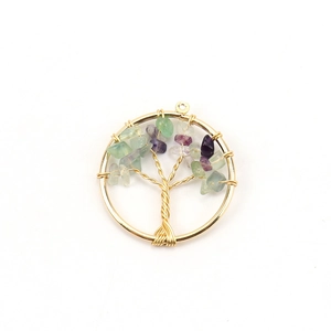 Detail of tree of life pendant with green and purple natural crystals in gold wire