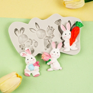 Close-up of flexible 3D rabbit and carrot silicone mold for mousse and jelly desserts
